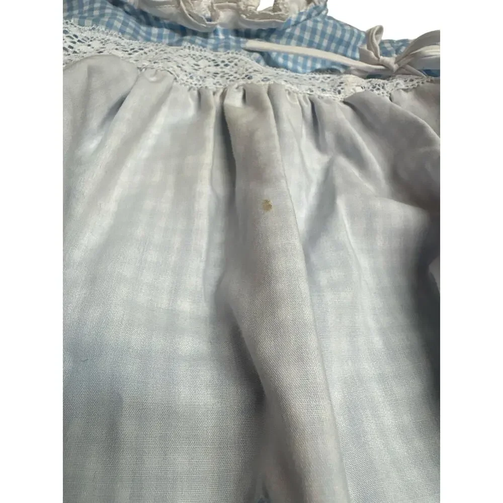 Vintage 80s Baby Girl Cottagecore Apron Dress Blue Romper Pink Lace‎ Prairie 12M